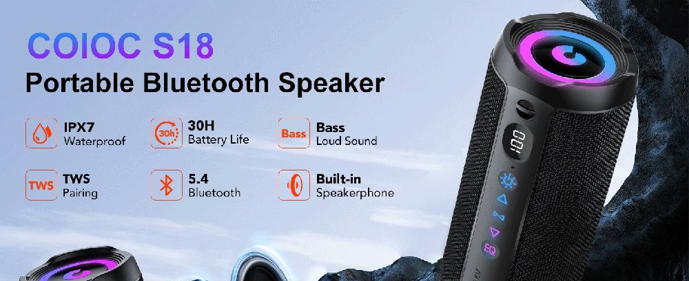 Text reads 'COIOC S18 Portable Bluetooth Speaker'. Black cylindrical speaker with RGB lighting ring. Product features shown include bluetooth connectivity and other tech specs.
